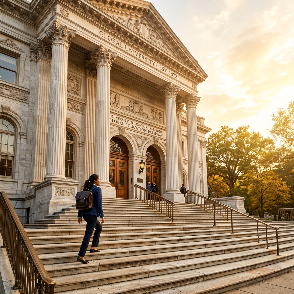 University student walking up the stairs